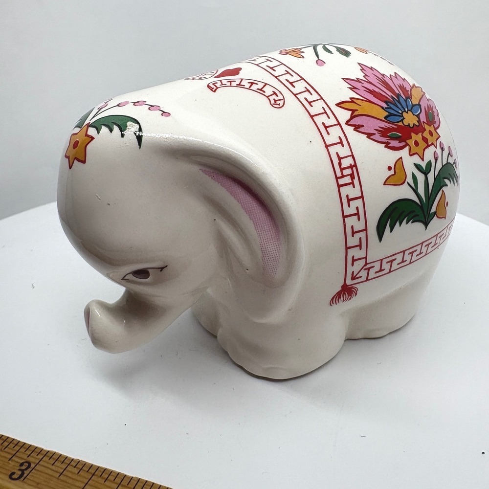Prestige Place Ceramic Elephant Figurine‎ White Floral Greek Key Border 4 Inch
